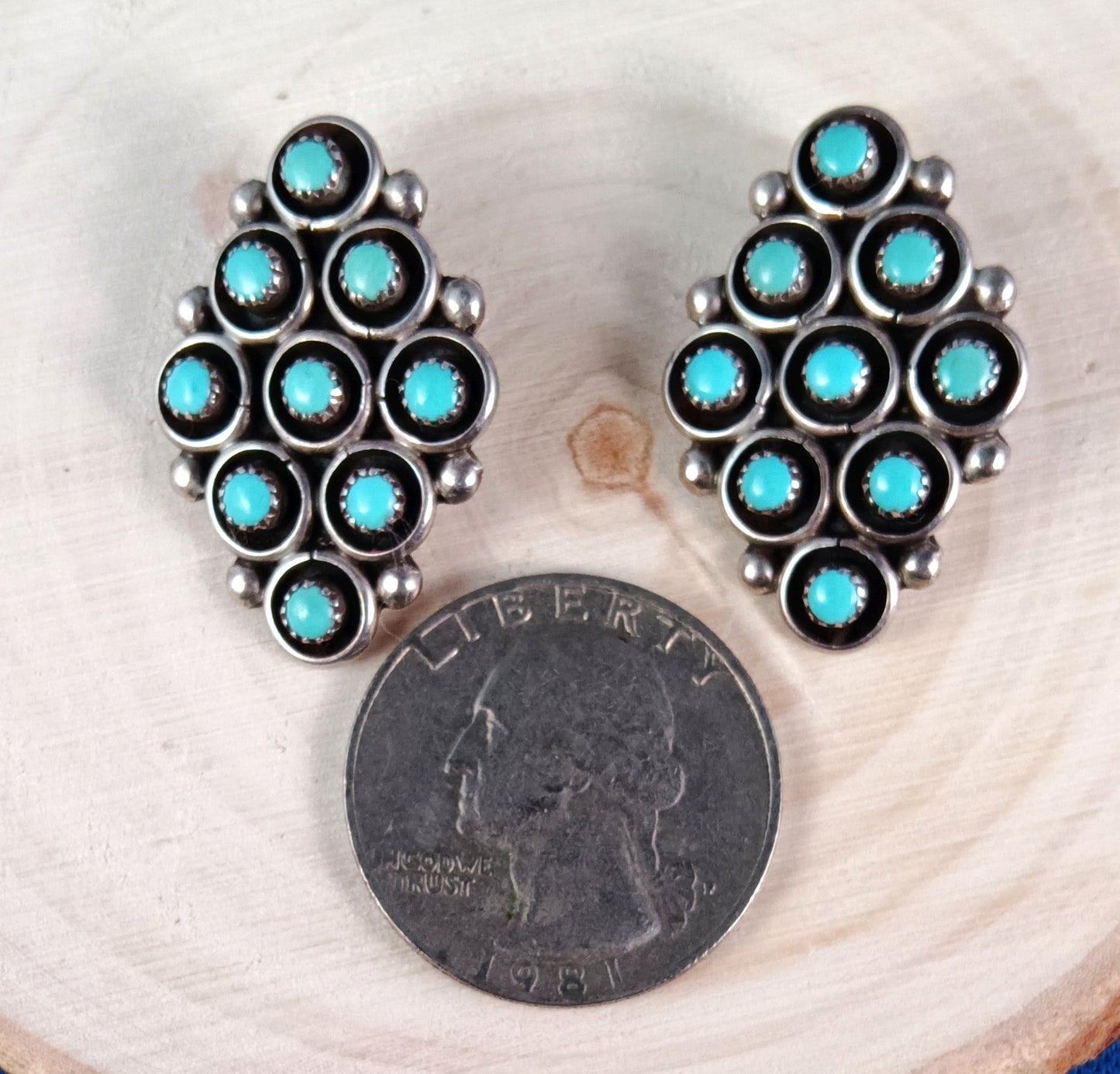 Turquoise Petit Point Clip Vintage Native American Zuni Style Earrings