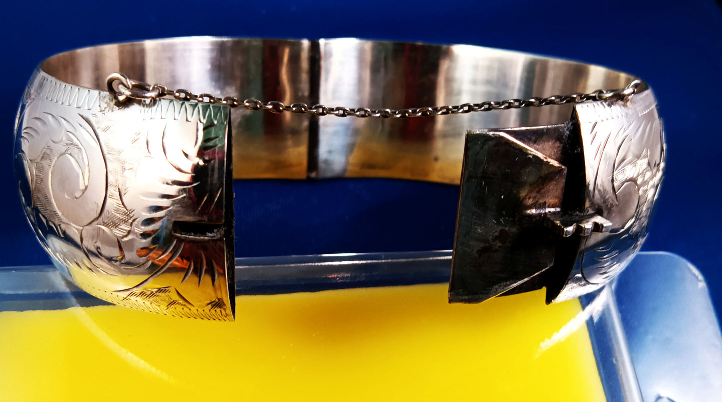 Etched Sterling Silver Cuff Bracelet with Safety Chain
