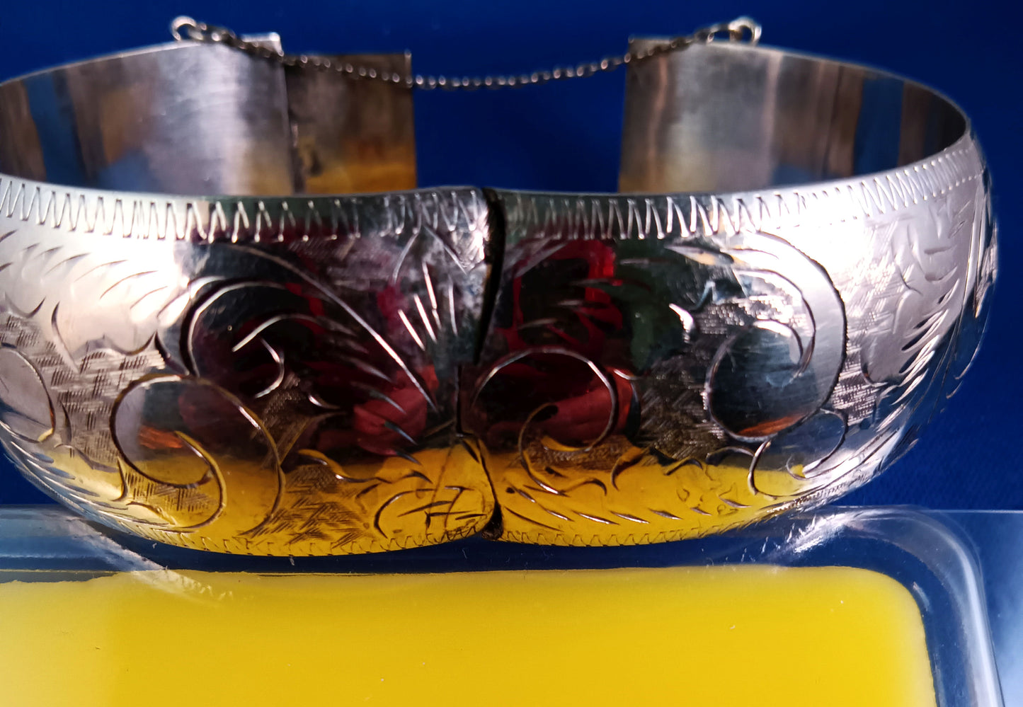 Etched Sterling Silver Cuff Bracelet with Safety Chain