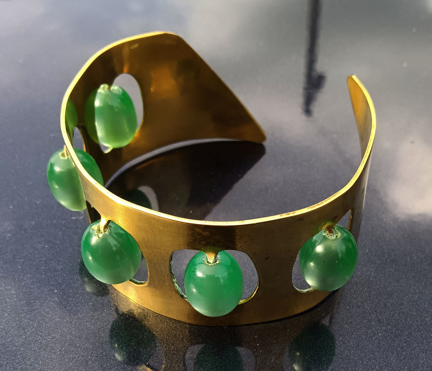 Vintage Brass Mint Color Moonglow Bypass Bracelet