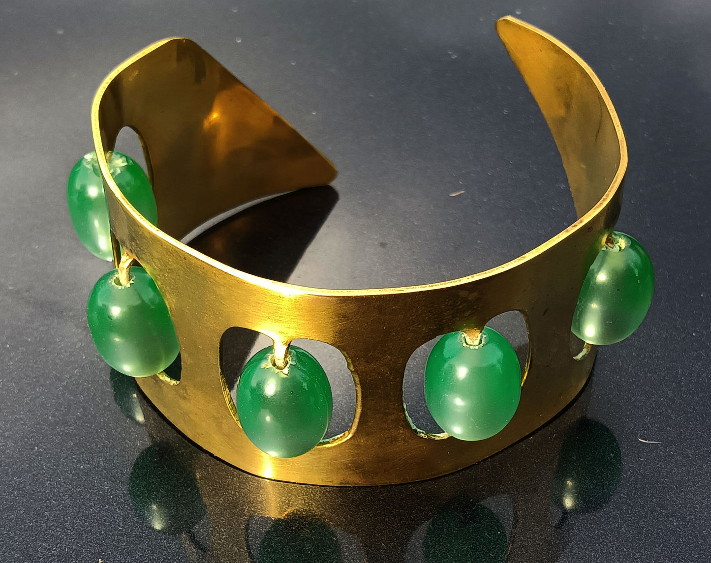 Vintage Brass Mint Color Moonglow Bypass Bracelet