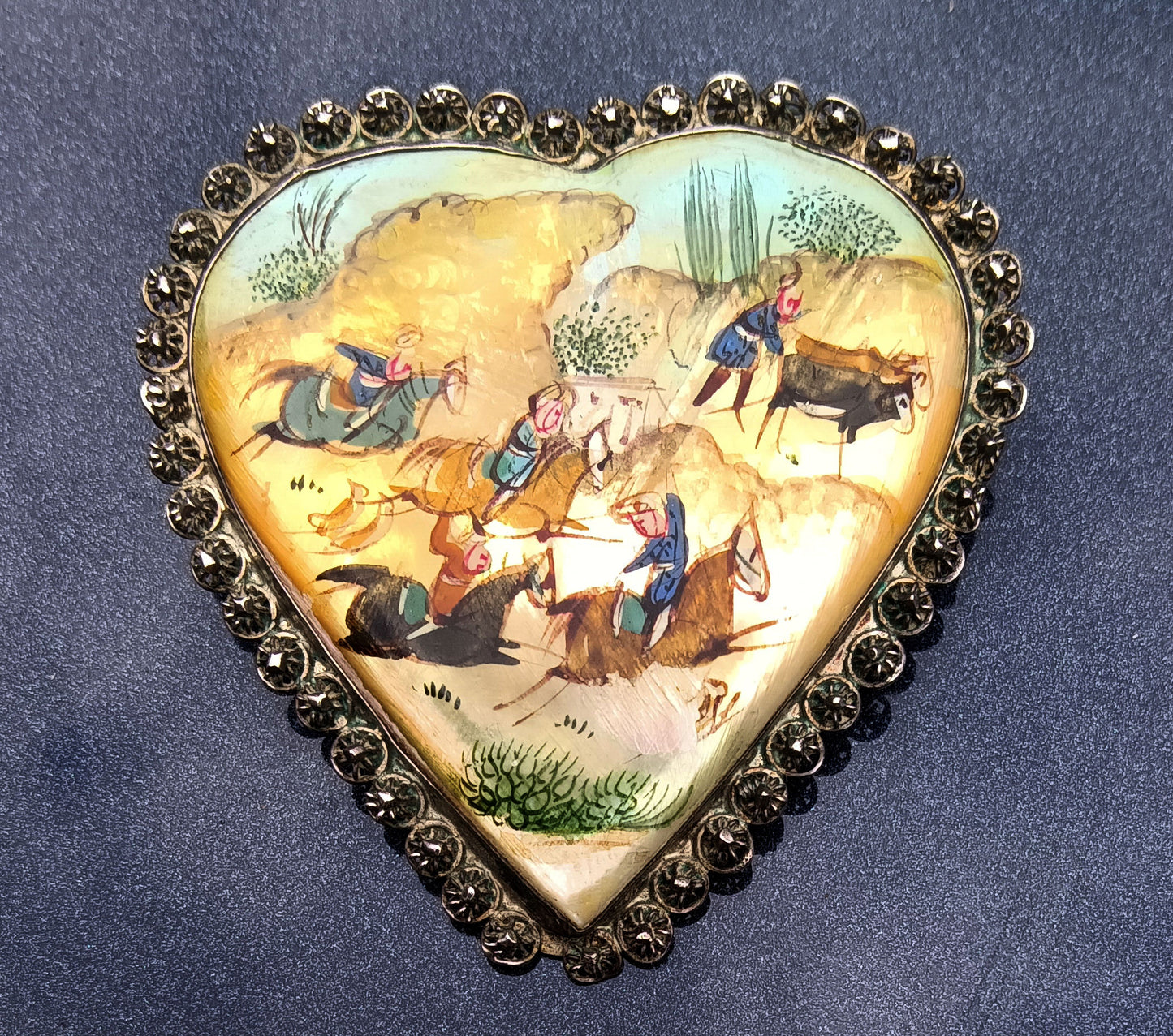 Vintage Sterling and Hand-Painted Mother of Pearl Heart Shape Pin