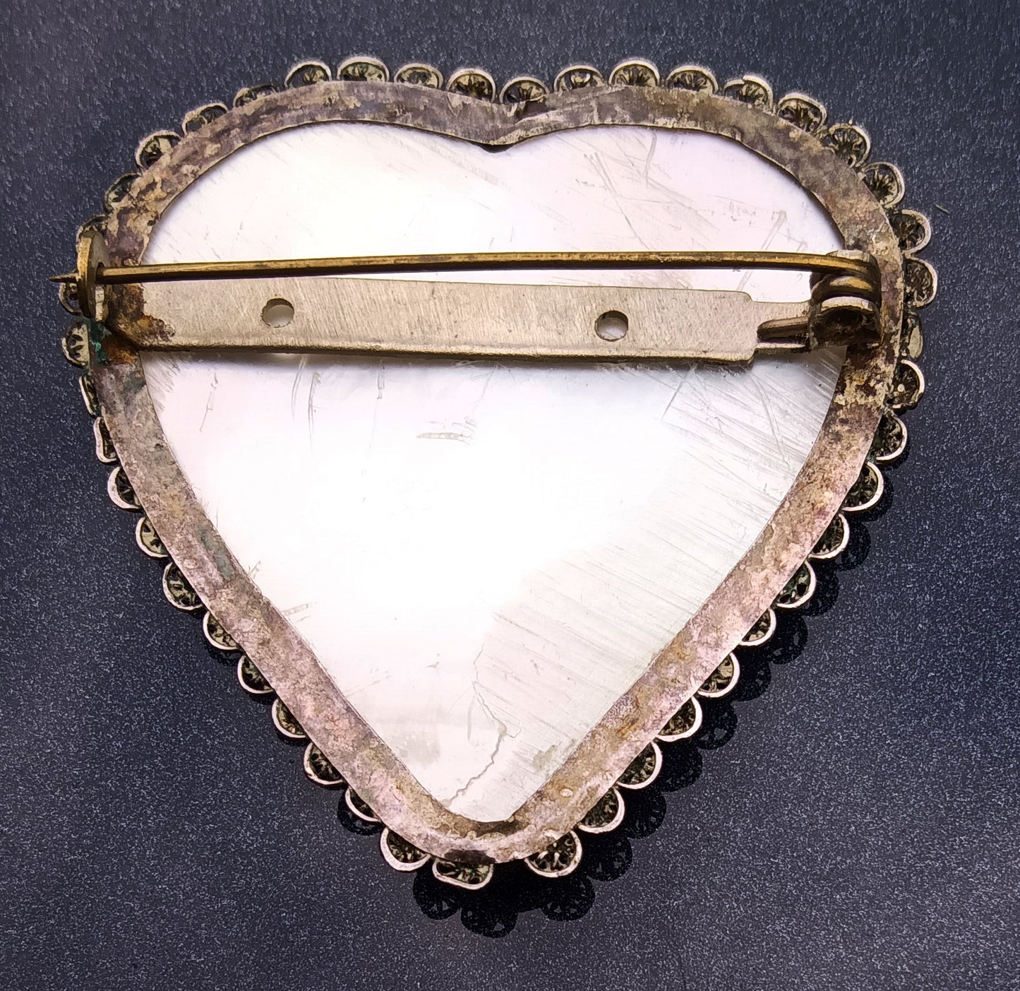 Vintage Sterling and Hand-Painted Mother of Pearl Heart Shape Pin