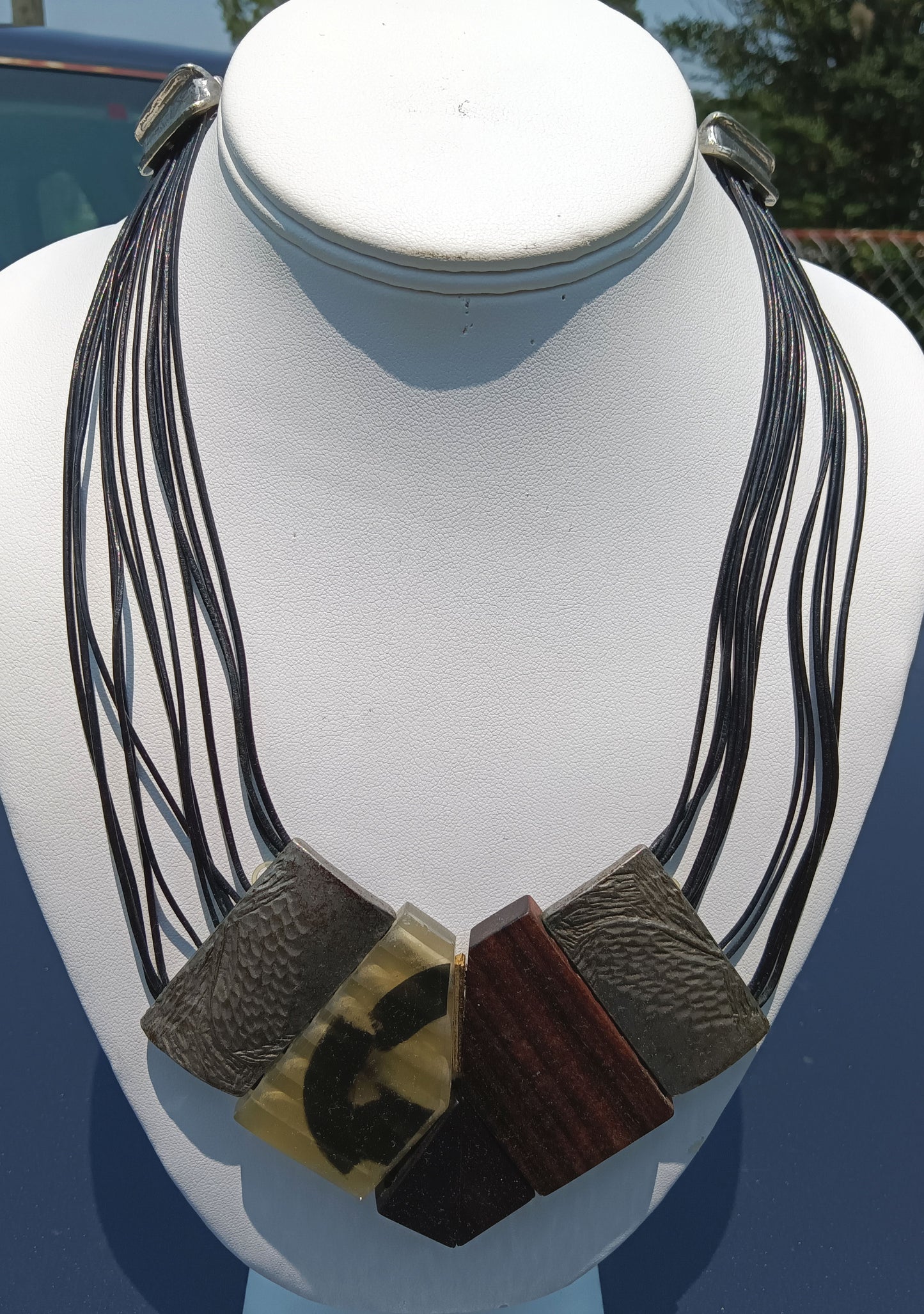 Necklace Anne Marie Chagnon, Black Leather Painted Tiles; Originally $260