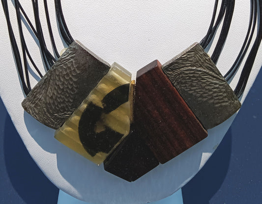 Necklace Anne Marie Chagnon, Black Leather Painted Tiles; Originally $260