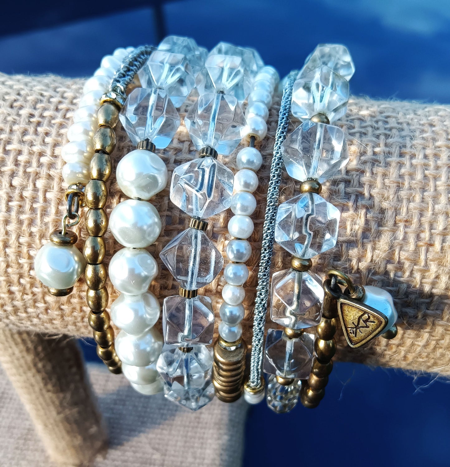 Silpada KR Retired Swarovski Crystal & Pearl 7 Wrap Coil Brass Bracelet