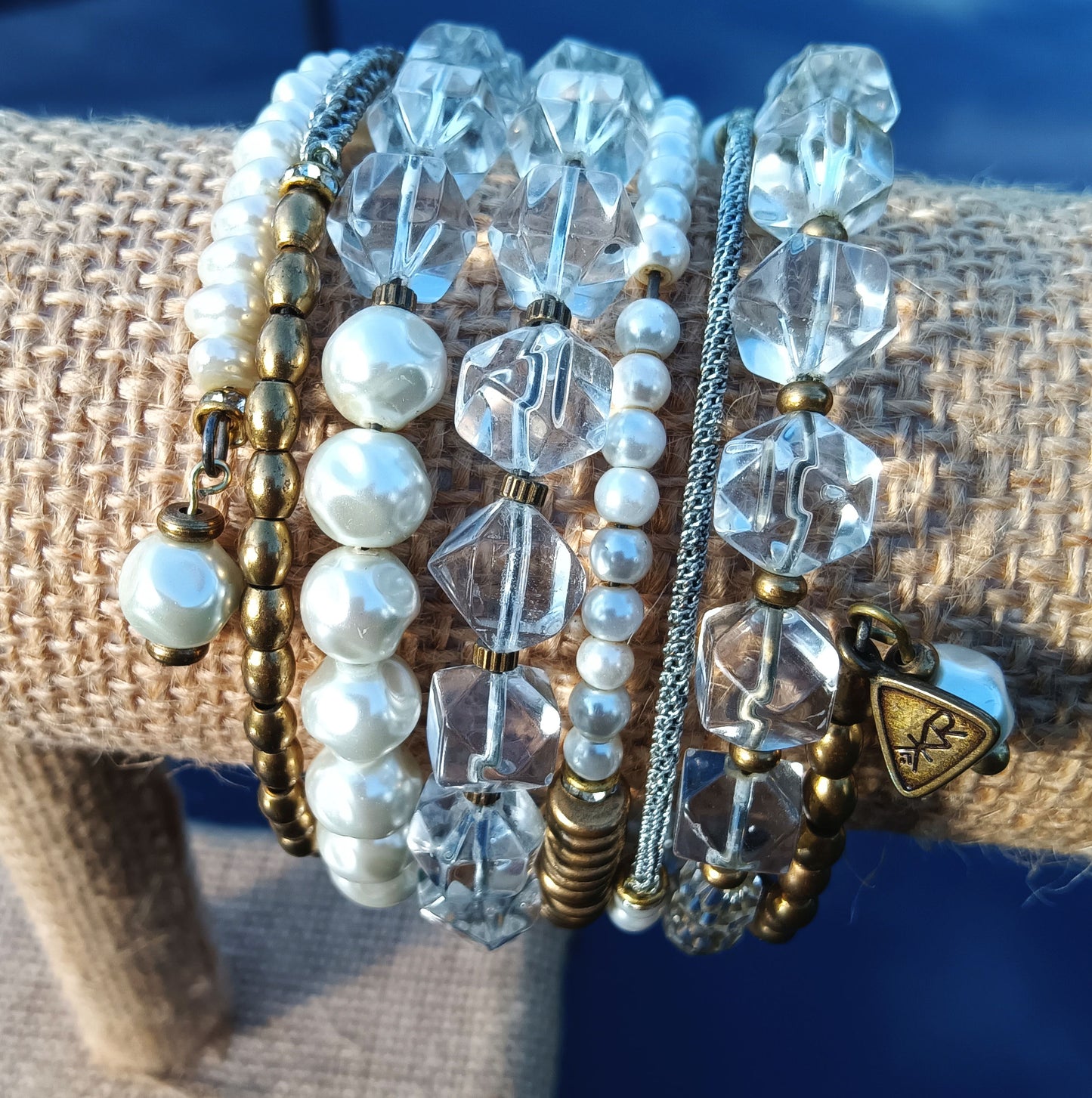 Silpada KR Retired Swarovski Crystal & Pearl 7 Wrap Coil Brass Bracelet