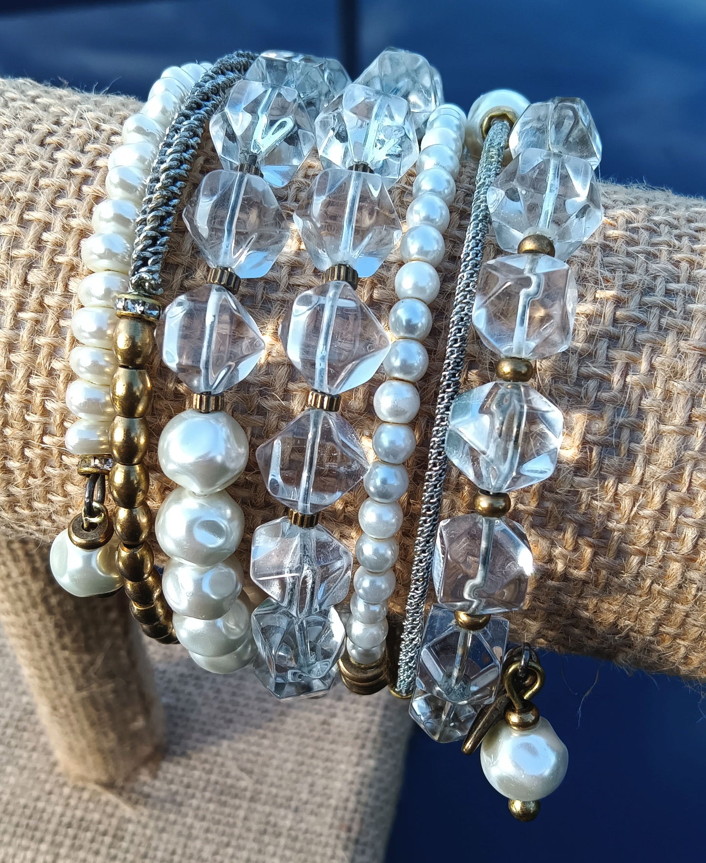 Silpada KR Retired Swarovski Crystal & Pearl 7 Wrap Coil Brass Bracelet