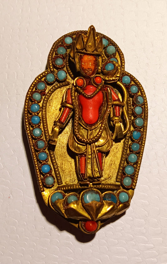 Nepalese Gilt Brass Carved Turquoise & Coral Pin Brooch - Rare Vintage