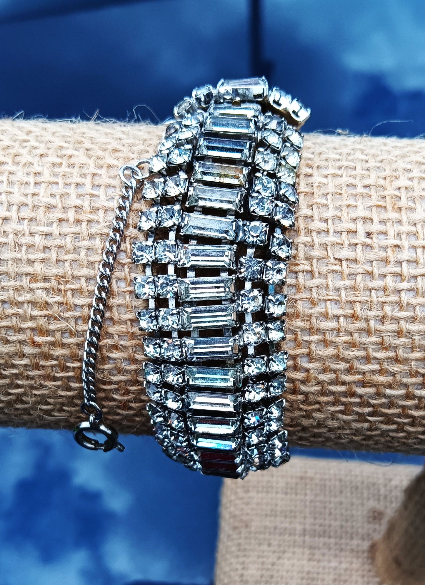 Vintage Silver Tone Rhinestone Bracelet with Safety Chain