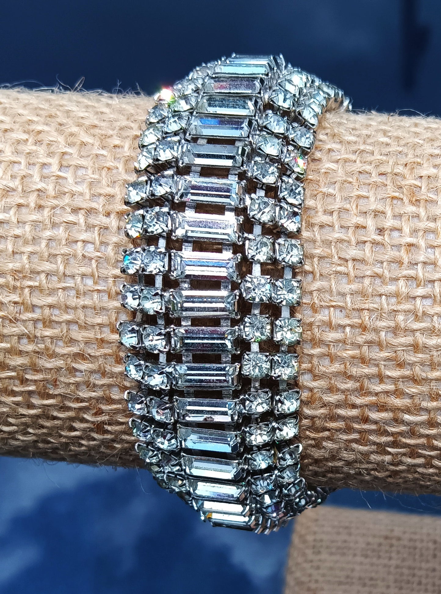 Vintage Silver Tone Rhinestone Bracelet with Safety Chain