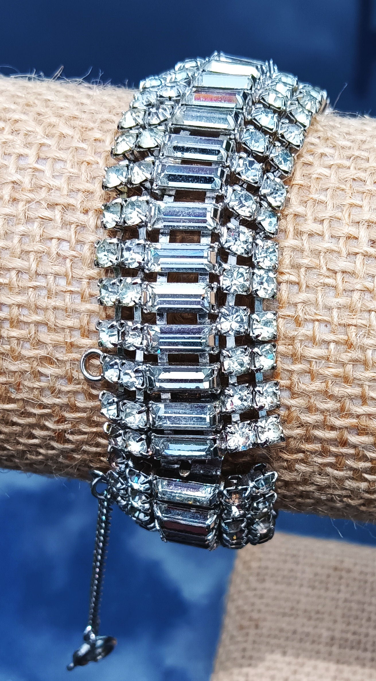 Vintage Silver Tone Rhinestone Bracelet with Safety Chain