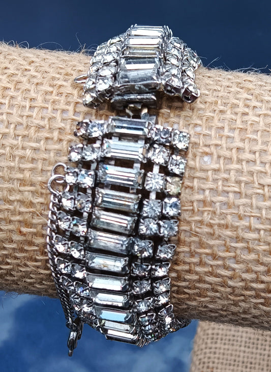 Vintage Silver Tone Rhinestone Bracelet with Safety Chain