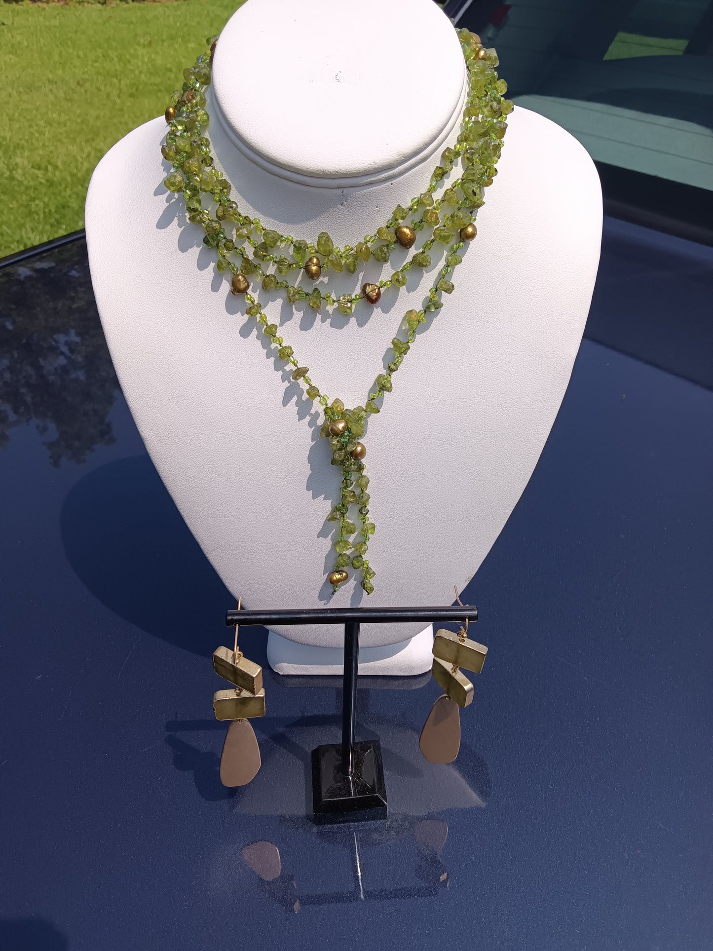 Peridot Stone and Golden South Sea Pearl Lariat Necklace and Earring Set