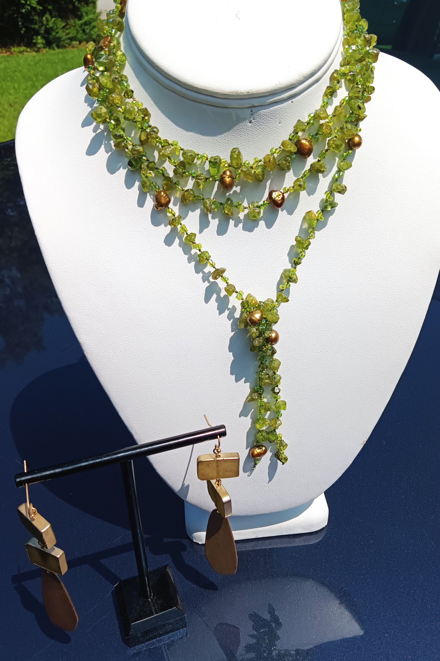 Peridot Stone and Golden South Sea Pearl Lariat Necklace and Earring Set