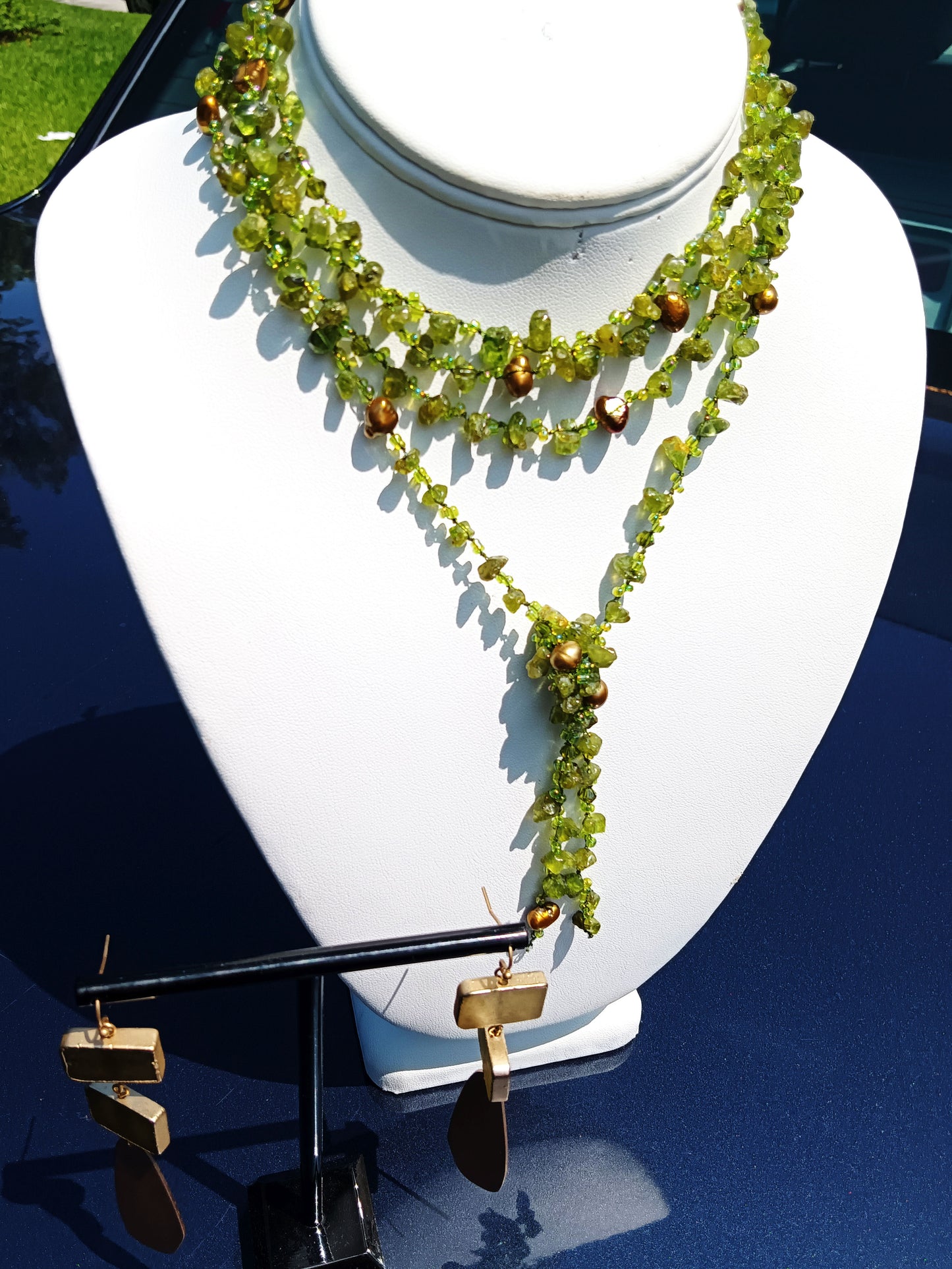 Peridot Stone and Golden South Sea Pearl Lariat Necklace and Earring Set