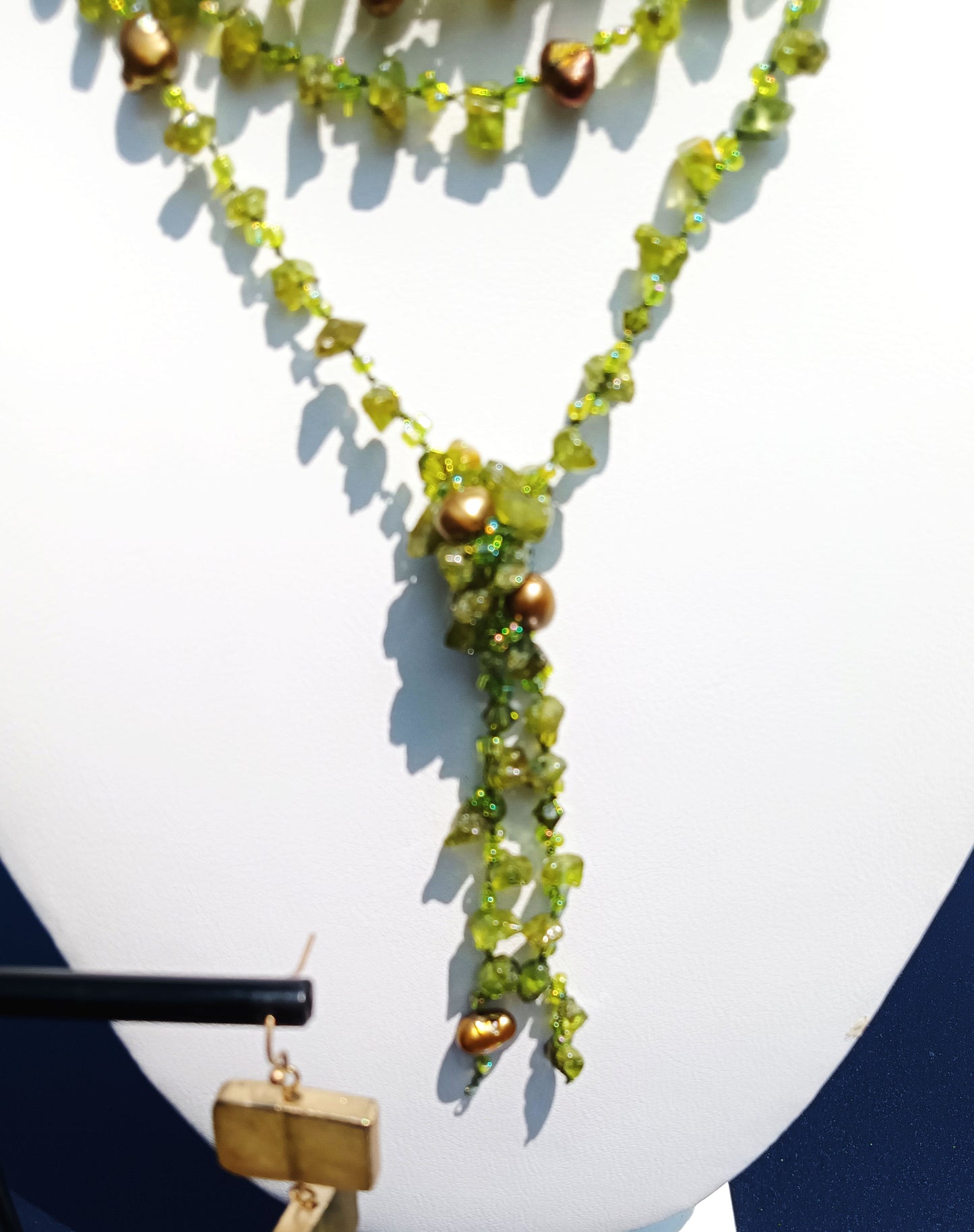 Peridot Stone and Golden South Sea Pearl Lariat Necklace and Earring Set