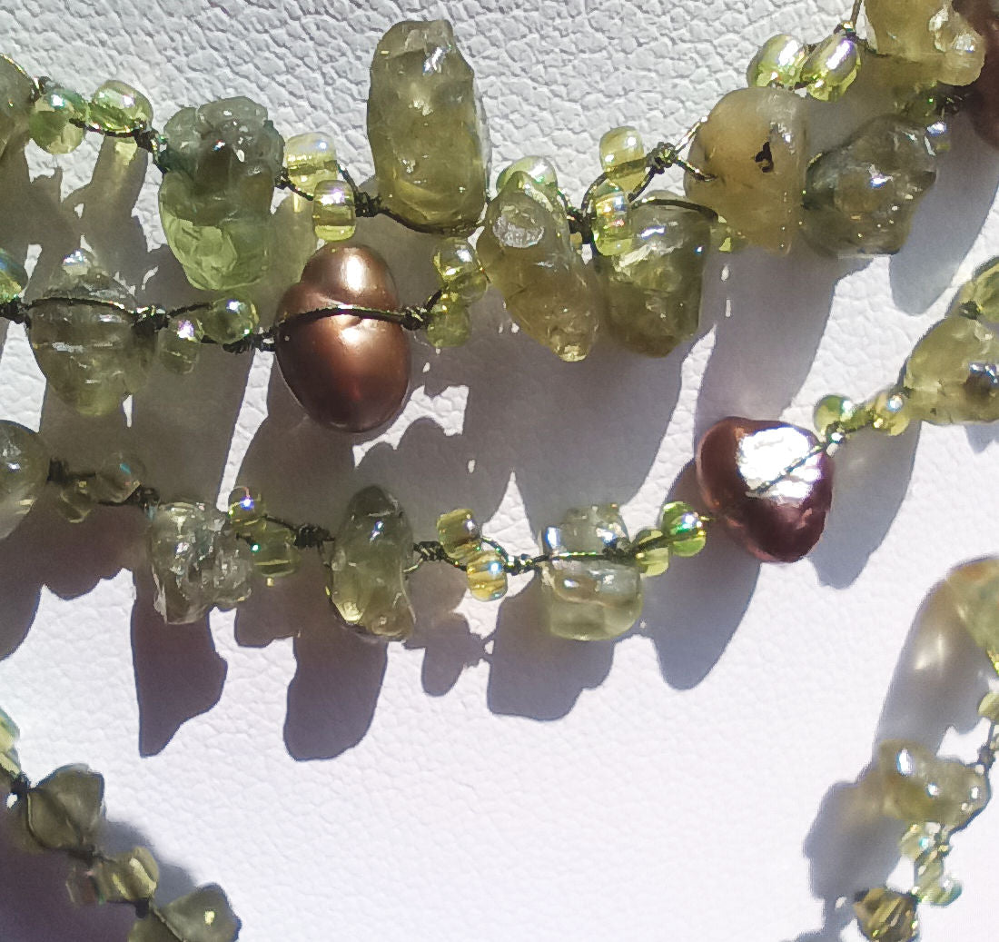 Peridot Stone and Golden South Sea Pearl Lariat Necklace and Earring Set