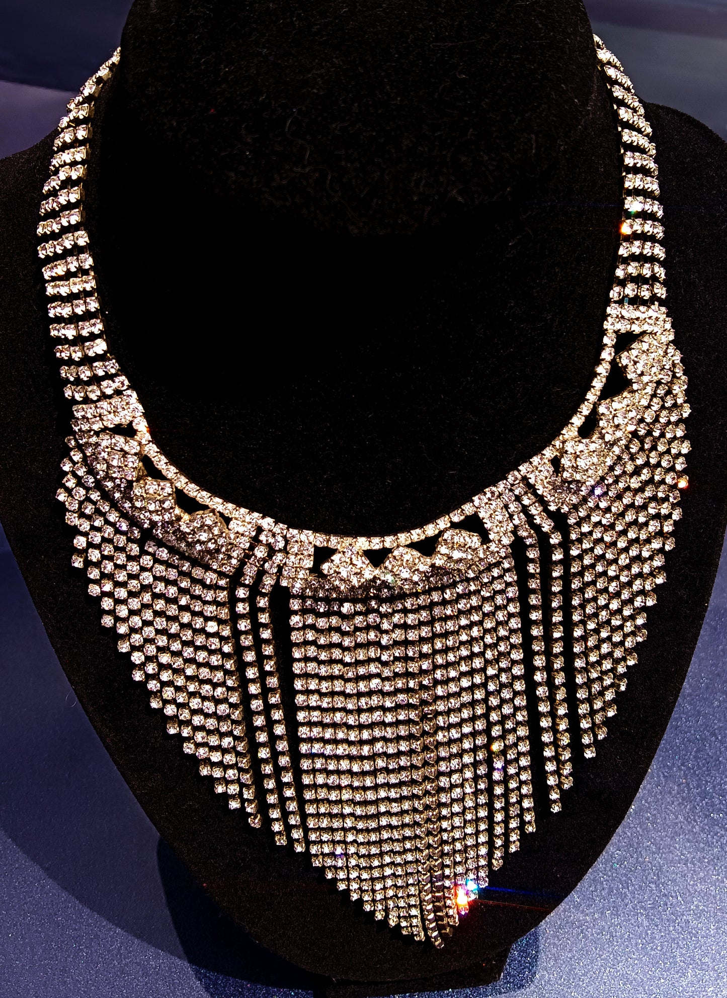 Vintage 55 Strand Crystal High Quality Rhinestone Waterfall Bib Necklace