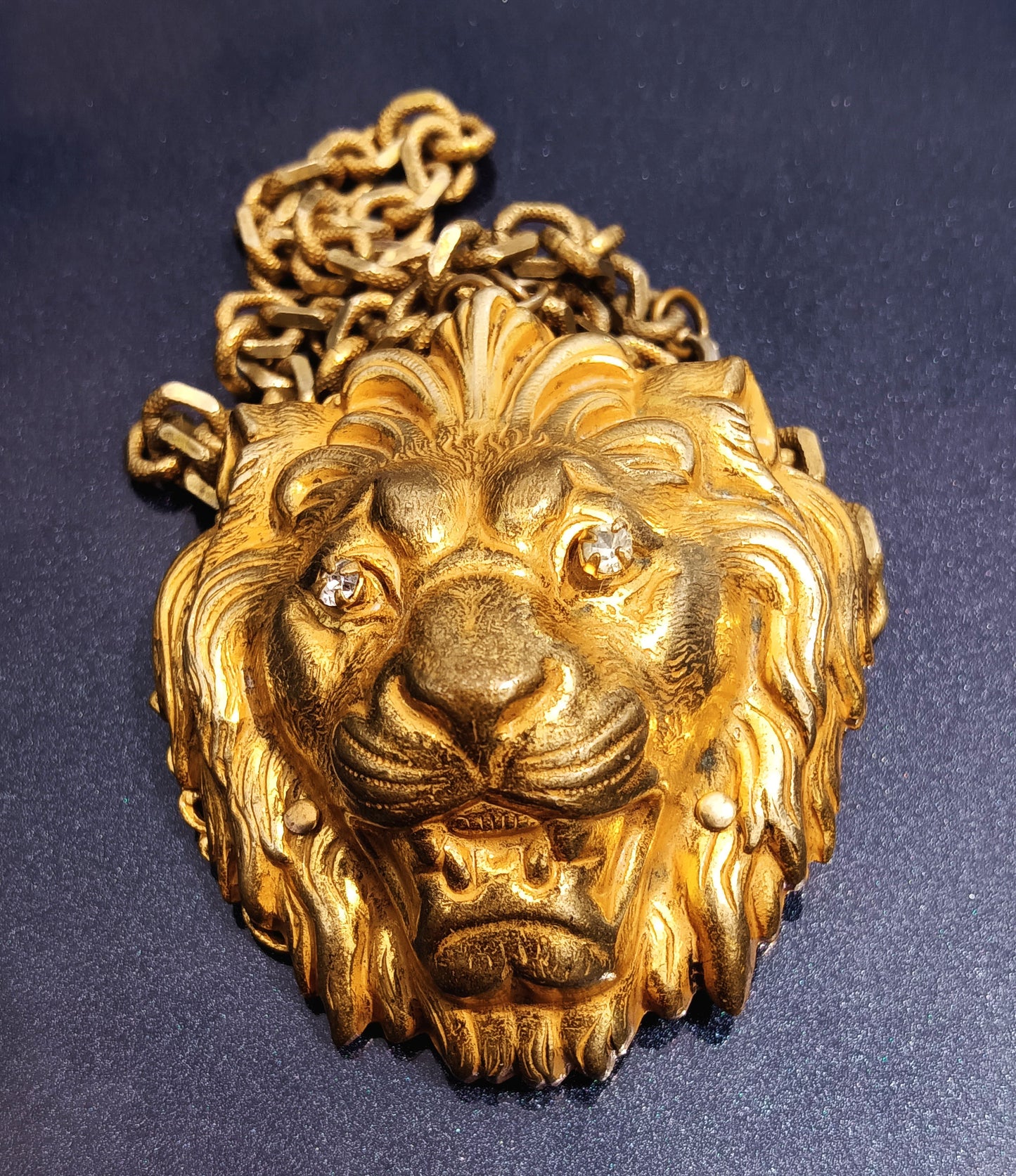 Miriam Haskell Signed Vintage Lion's Head Necklace with Rhinestone Eyes