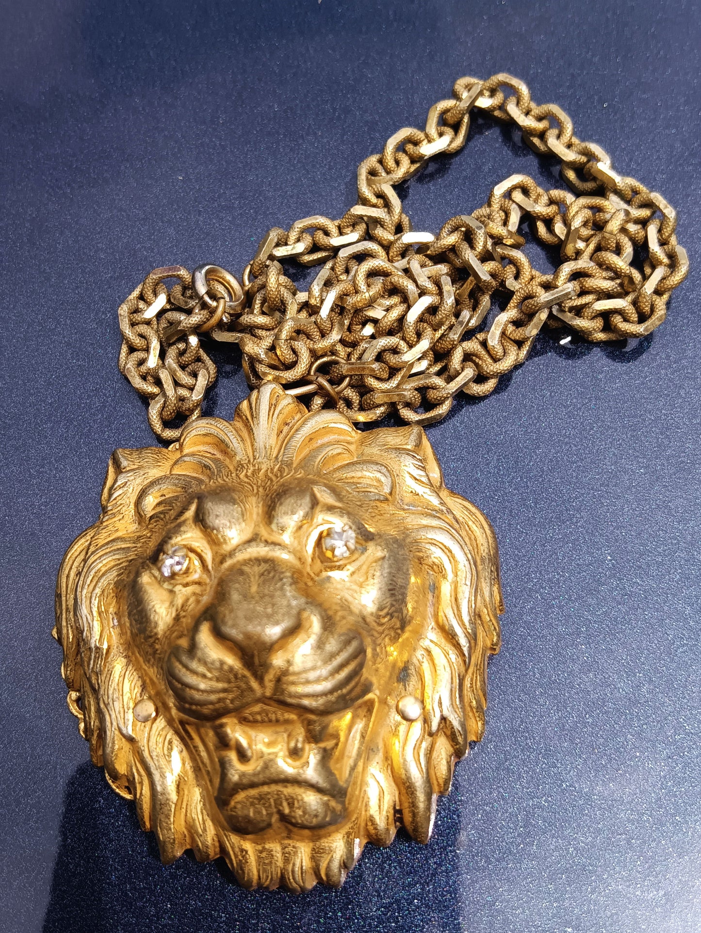 Miriam Haskell Signed Vintage Lion's Head Necklace with Rhinestone Eyes