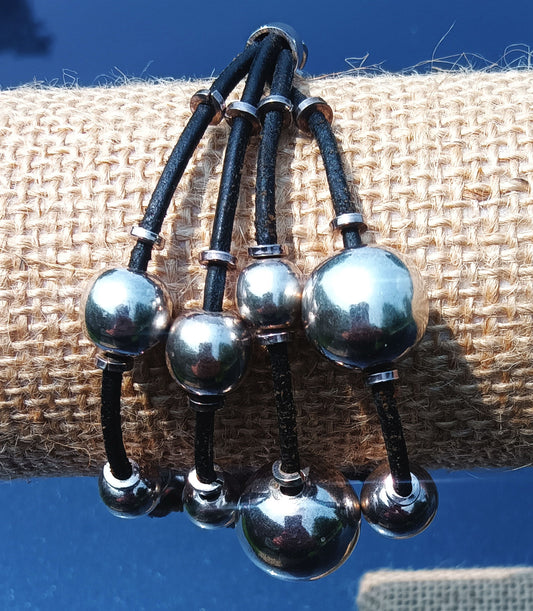 Four Strand Black Leather Silver Bead Balls Toggle Clasp Bracelet 12mm - 8mm Marked 925 Weighs 35 Grams 8 inches Long