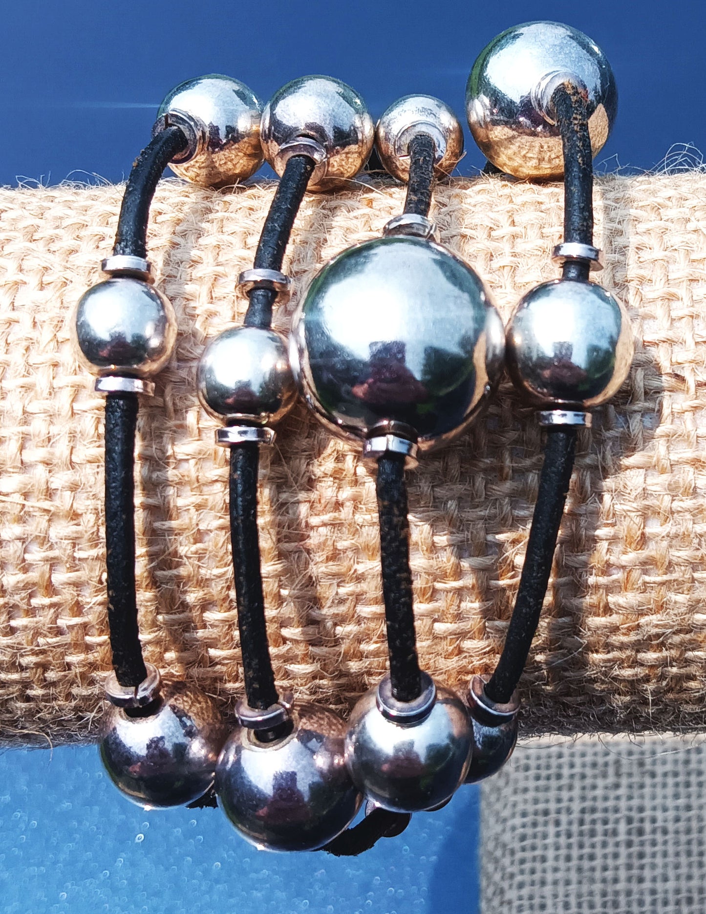 Four Strand Black Leather Silver Bead Balls Toggle Clasp Bracelet 12mm - 8mm Marked 925 Weighs 35 Grams 8 inches Long