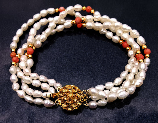 4 Strand Freshwater Rice Pearls and Angel Skin Coral Bracelet