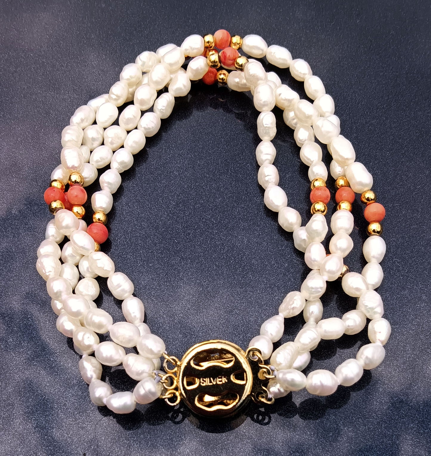 4 Strand Freshwater Rice Pearls and Angel Skin Coral Bracelet