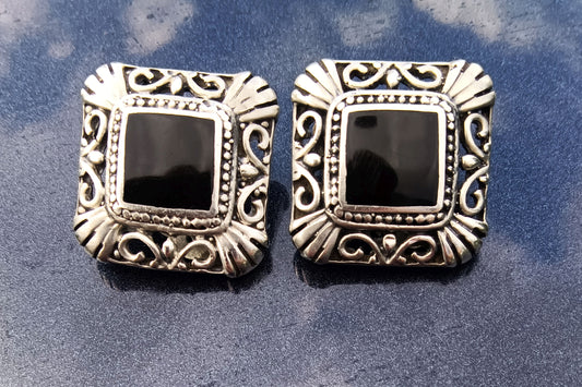 Sterling Silver Square Open Detail Clip on Earrings w/ Onyx Middle 7/8"