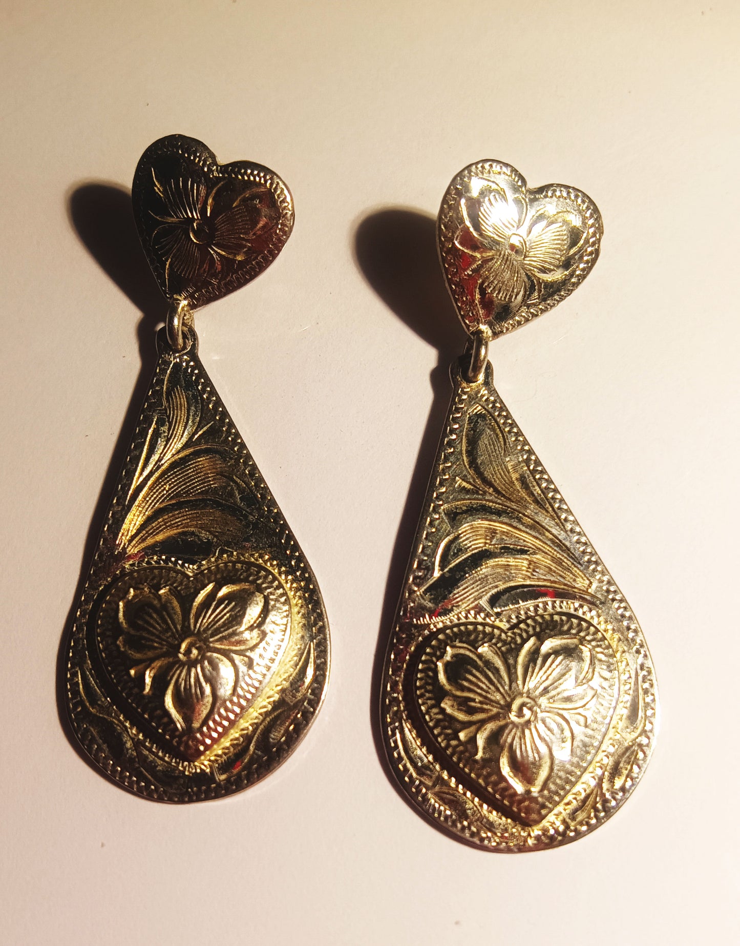 Double Heart Hand-tooled Silver Earrings - Vintage