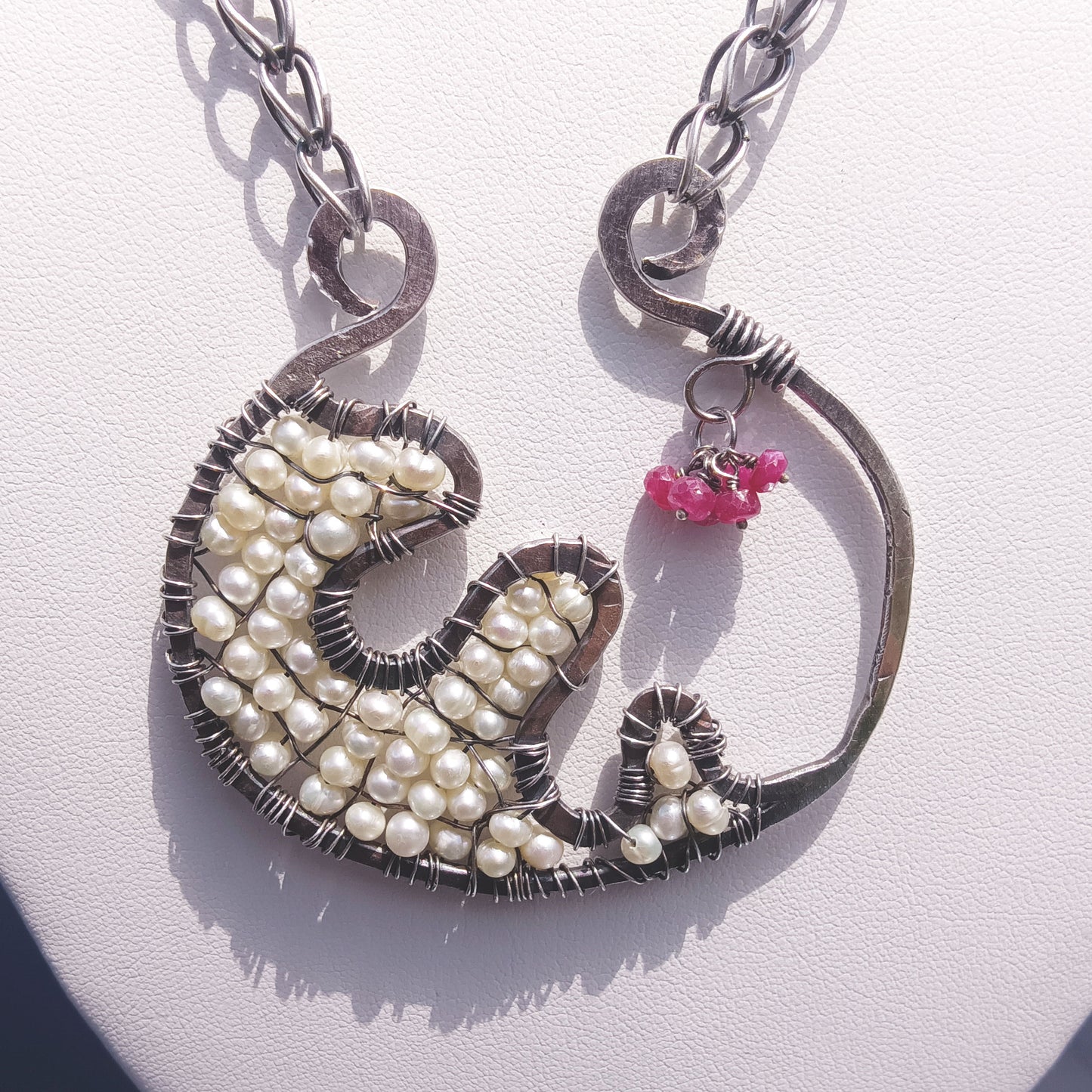 Artisan Made Natural Pearl and Ruby Silver Wheat(?) Chain Necklace