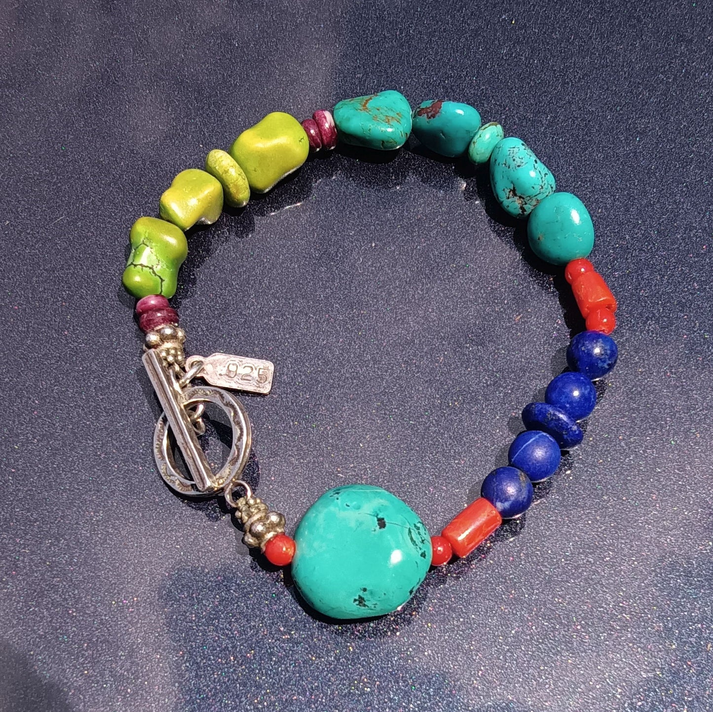 Peyote Bird Single Strand Stone Bracelet with Gaspeite, Turquoise and Lapis Lazuli