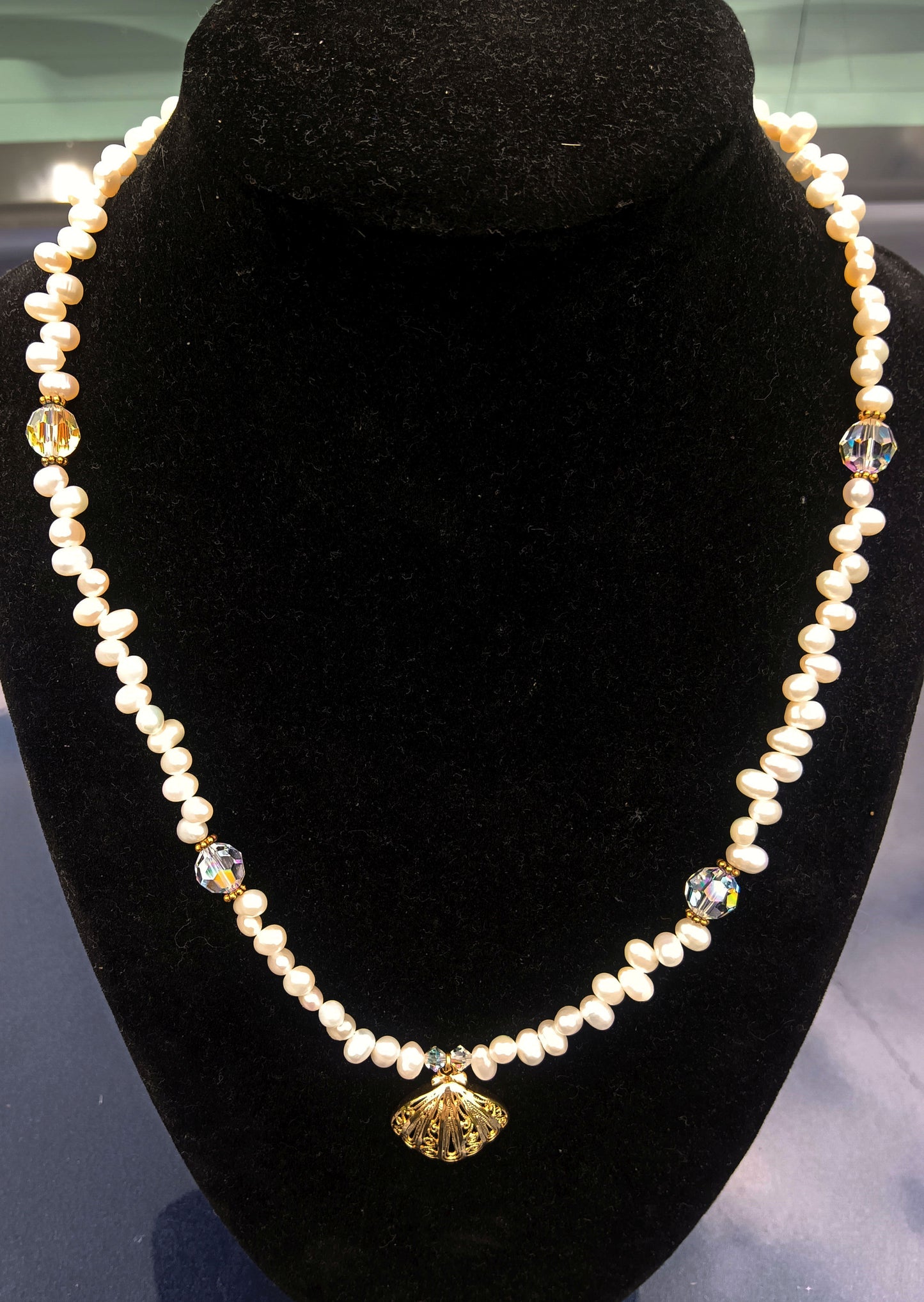 Shell, Pearl and Aurora Borealis Bead Necklace