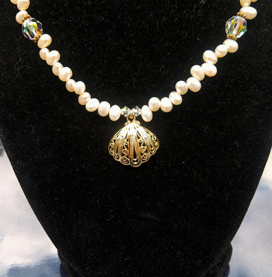 Shell, Pearl and Aurora Borealis Bead Necklace