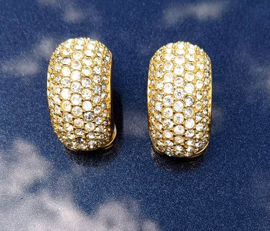 Christian Dior Gold Tone Rhinestone Pave Half Hoop Clip-on Vintage Earrings