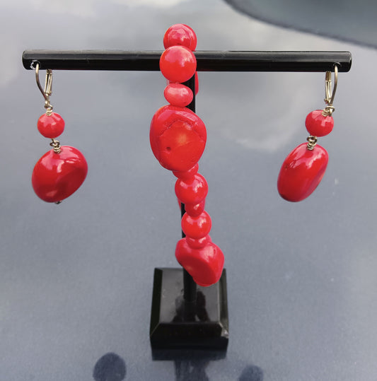 Red Coral Bracelet and Matching Earrings