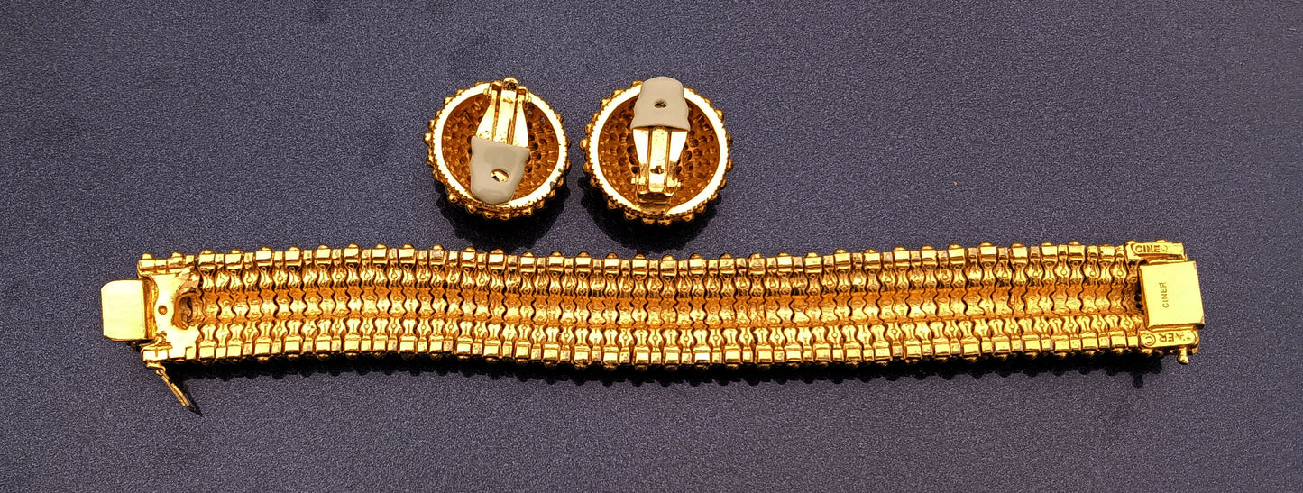 Ciner Signed Eutruscan Revival Gold Tone Bracelet and Matching Clip-on Earrings Set - Vintage