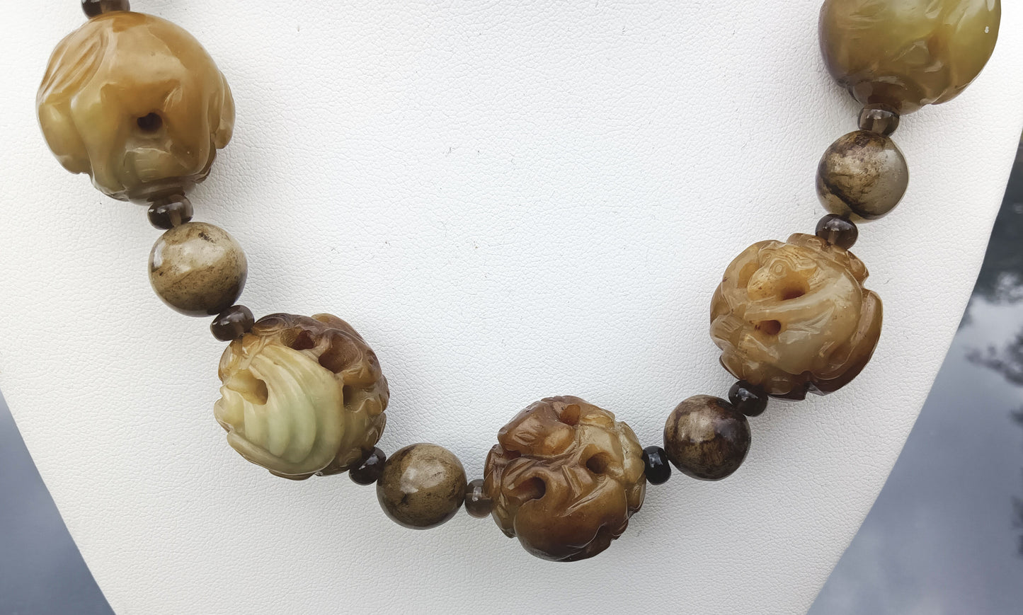 Carved Caramel Jade Bead Necklace