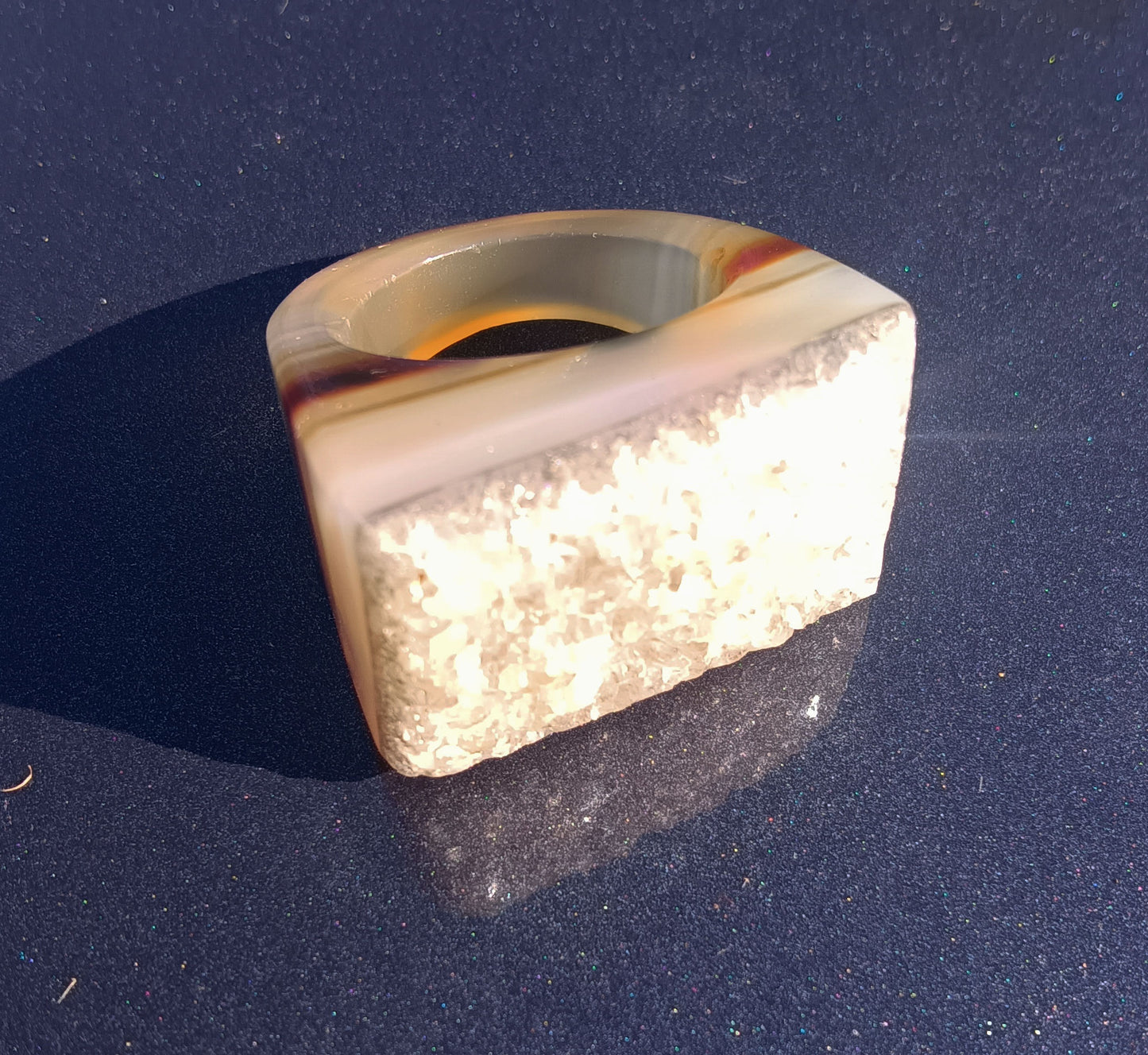 Banded Agate Ring with Druzy Top - Size 8.5