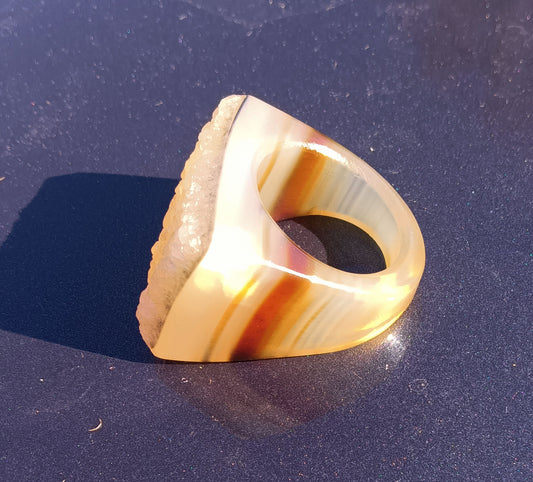 Banded Agate Ring with Druzy Top - Size 8.5