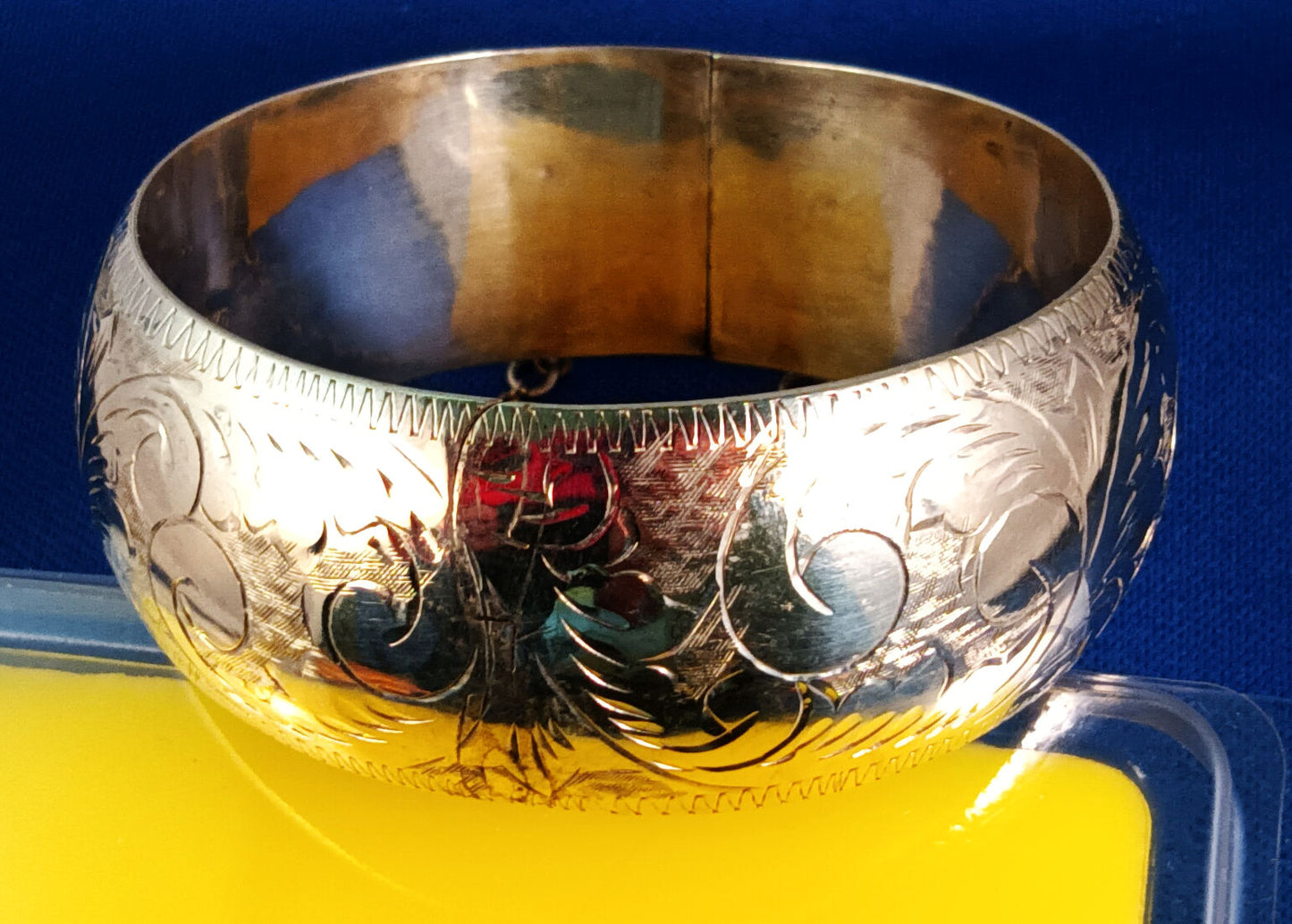 Etched Sterling Silver Cuff Bracelet with Safety Chain