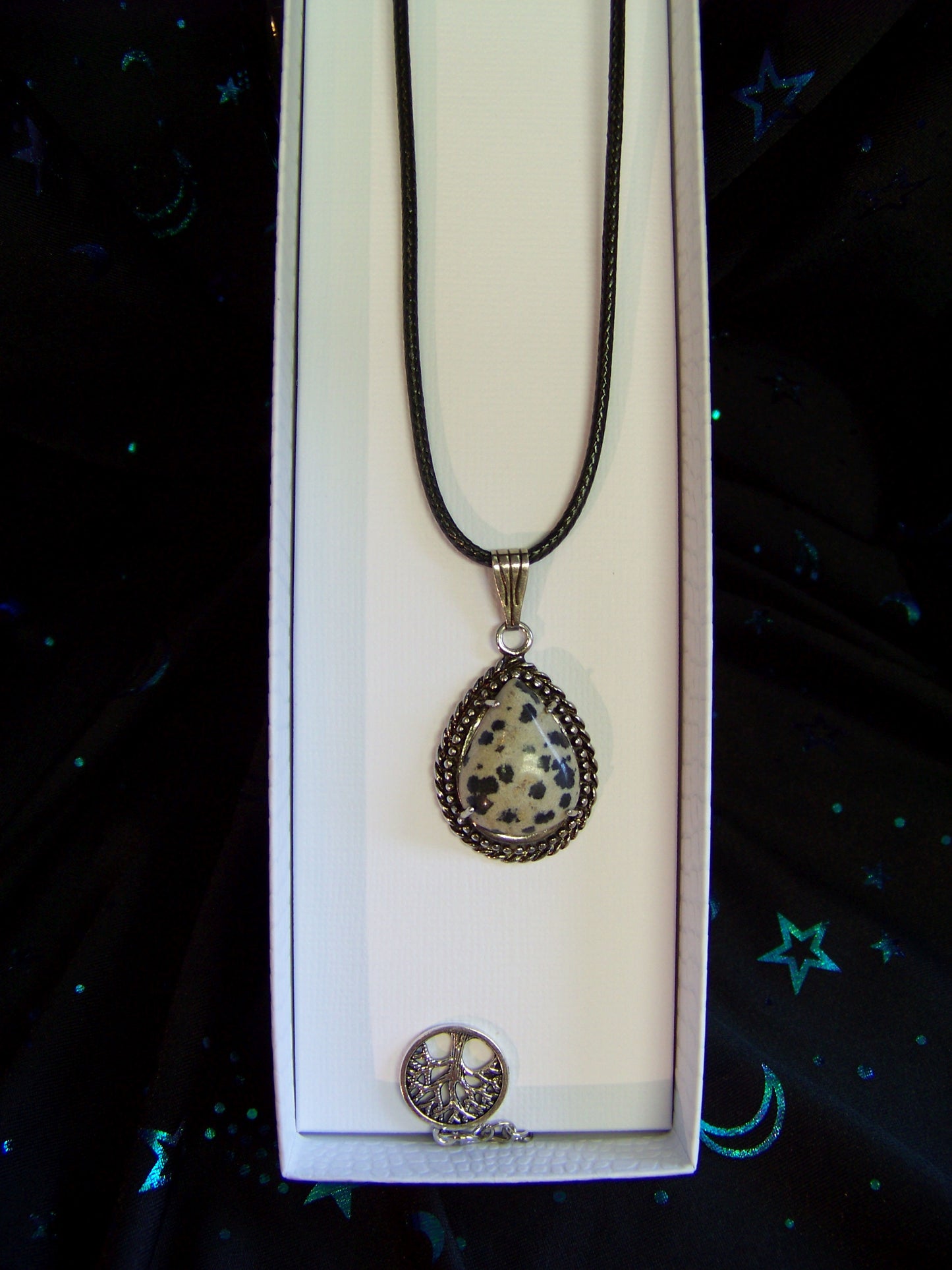 Dalmatian Jasper Braided Leather Necklace with Tree of Life