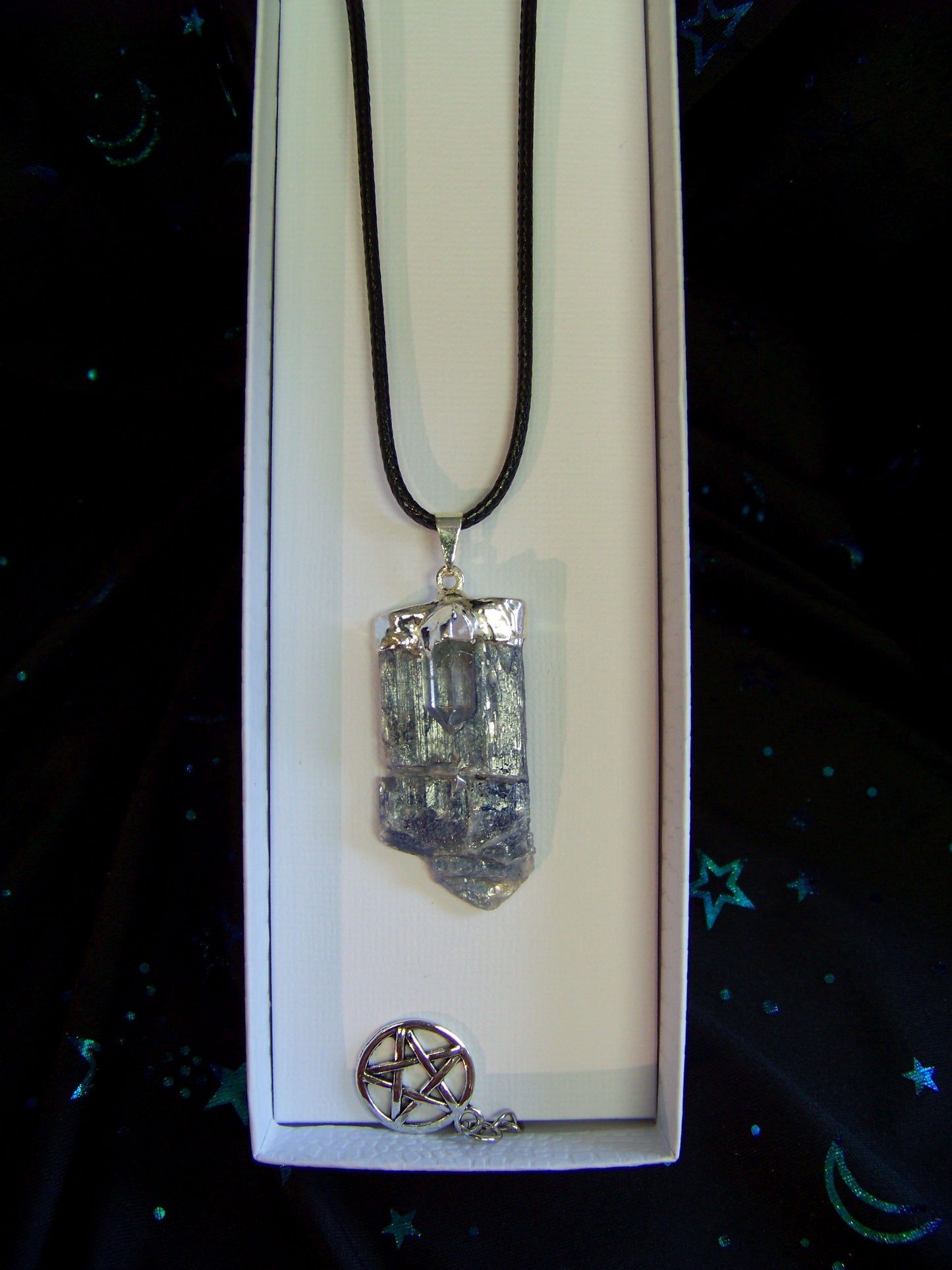 Kyanite/Quartz Pendant with Braided Leather Necklace with Pentacle