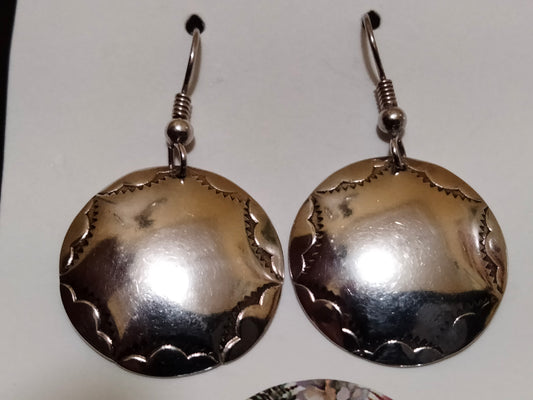 Southwestern Etched Round Silver Dangle Earrings 925 Sterling