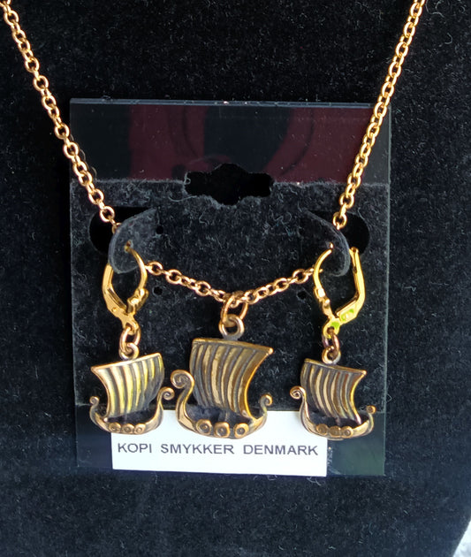 Bronze Longboat Necklace and Earring Set