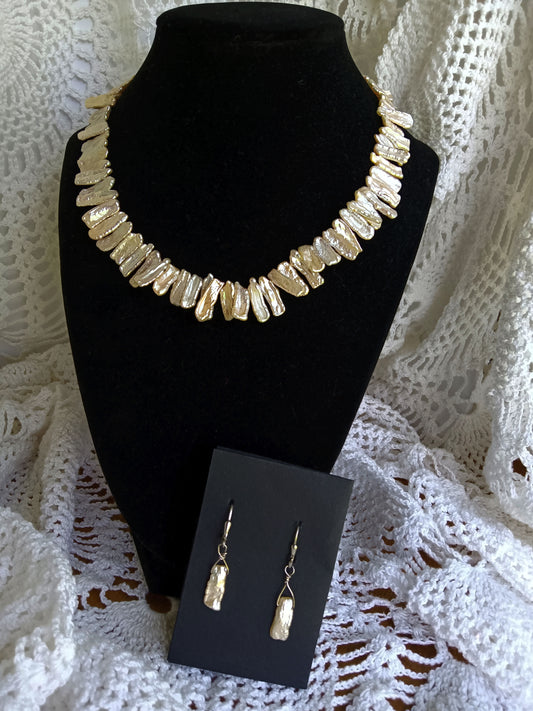 Vintage Sterling Silver Clasp Baroque Biwa Stick Pearl Necklace and Earring Set