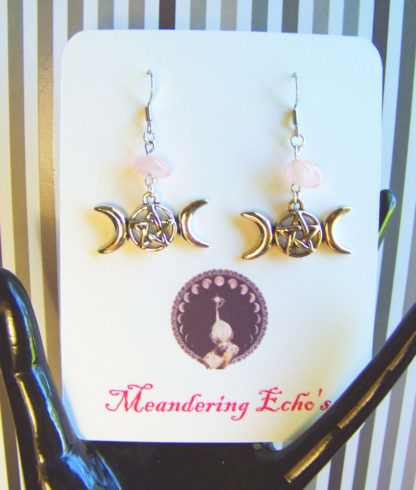 Triple Moon Rose Quartz Earrings